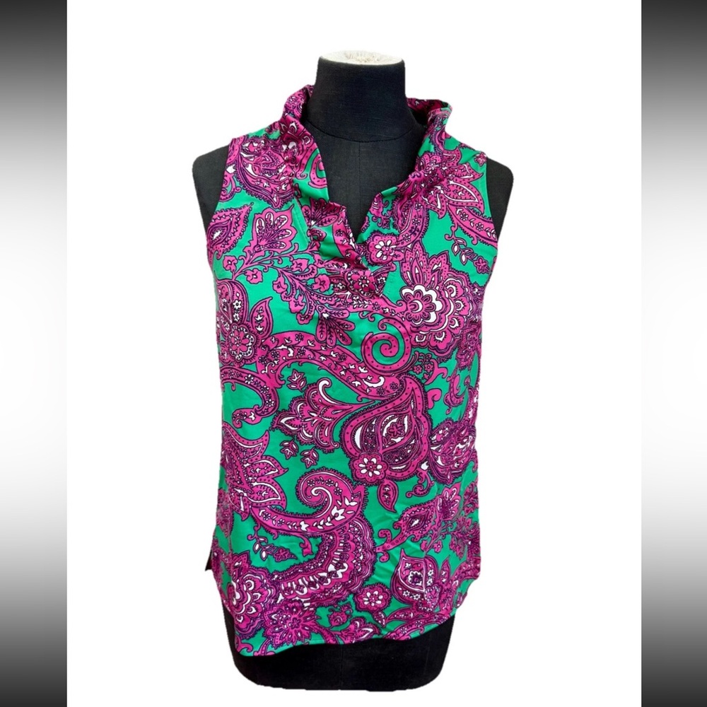 Crown & Ivy stretch ruffle collar v-neck pink paisley printed tank top ladies SM